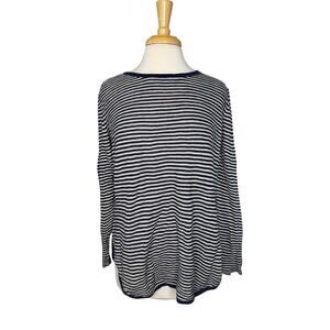 EILEEN FISHER Linen Blend Long Sleeve Top Size Large Womens Blue Tan Stripe